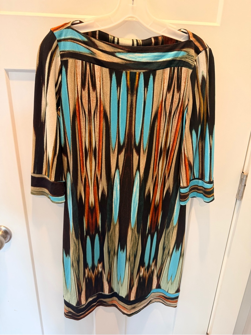 Donna Morgan Abstract Print Sheath Dress Size 8 3/4 Sleeve Stretch Jersey